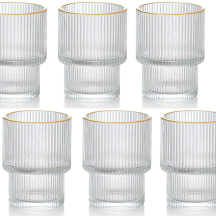 Geribbelde Drinkglas- koffie glas – 185 ml – Set van 6 - Glas - goudkleurige rand