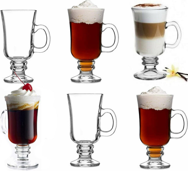 Irish Coffee – Koffieglazen – Macchiato glazen op voet met handvat - Set van 6 - 240 ml