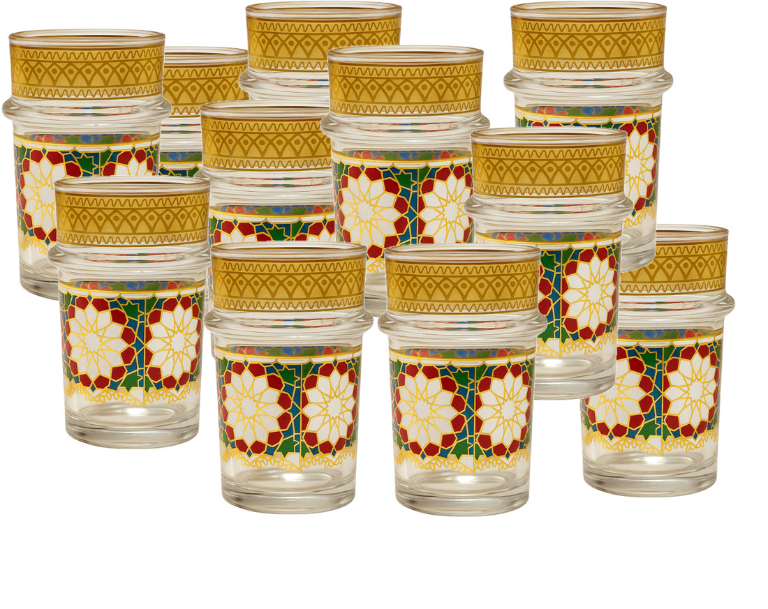 Marokkaanse theeglazen met goudrand en mozaïekpatroon – set van 12, 9 cm