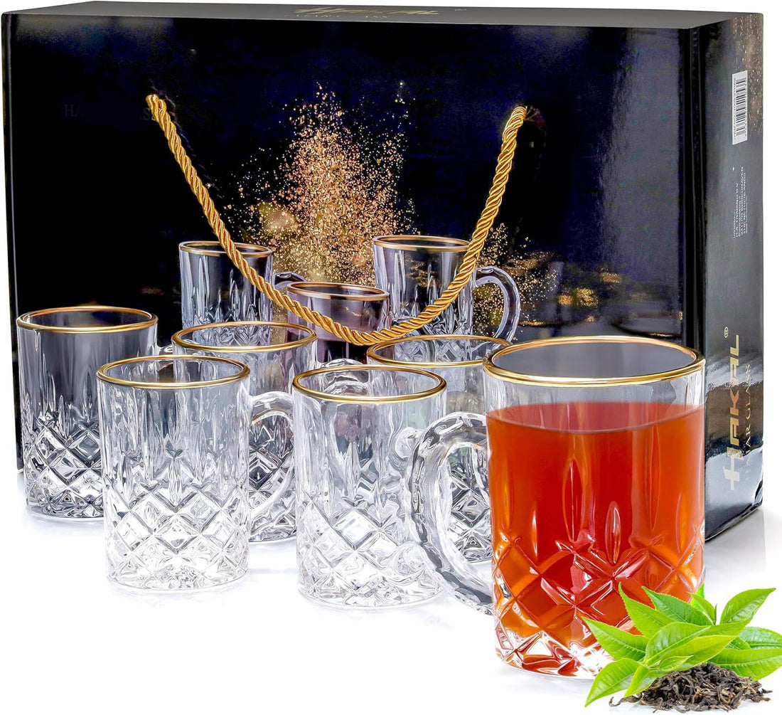 Glazen met gouden rand en oortje – set van 6 theeglazen met oor