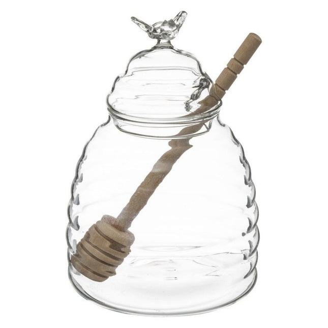 Glazen honing pot met houten lepel