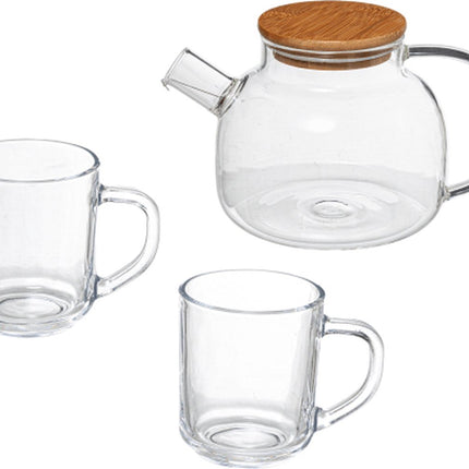 Glazen theepot set Bamboo met 2 glazen kopjes