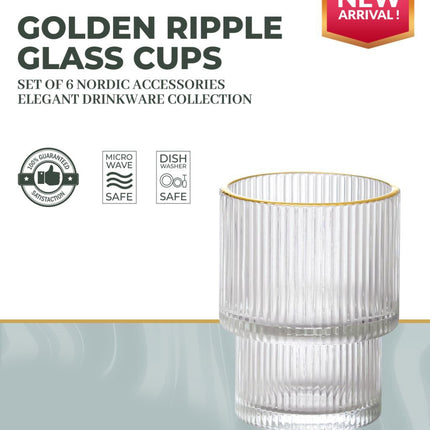 Geribbelde Drinkglas- koffie glas – 185 ml – Set van 6 - Glas - goudkleurige rand