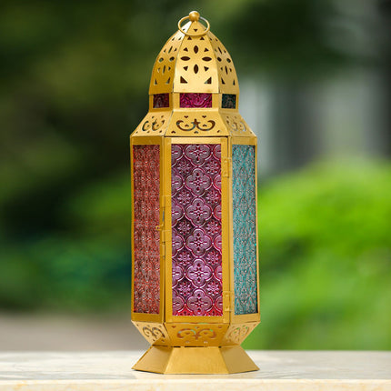 Goudkleurige Marokkaanse Metaal & Glas Lantaarn