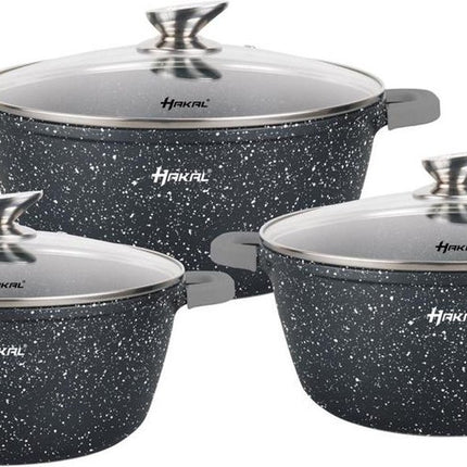Hakal premium Pannenset - Kookpannen Braadpan Inductie 6-delig - Anti-aanbaklaag - koudgrepen Ø 20, 24 & 28 cm - Zwart dots