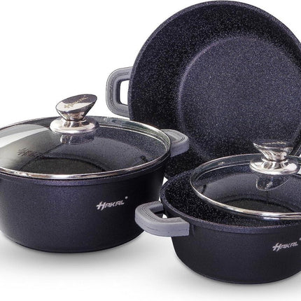 Hakal premium Pannenset - Kookpannen Braadpan Inductie 6-delig - Anti-aanbaklaag - koudgrepen Ø 20, 24 & 28 cm - Zwart