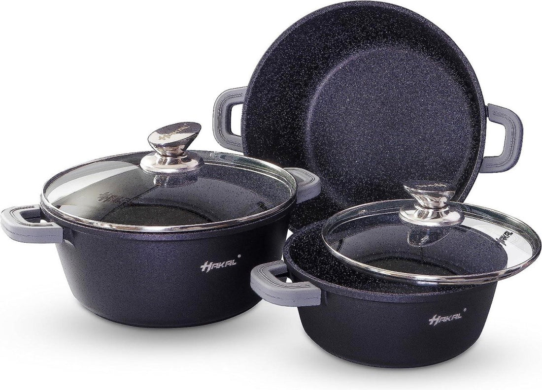 Hakal Premium Pan Set - Cooking Pots & Frying Pan Induction 6-piece - Non-stick coating - stay-cool handles Ø 20, 24 & 28 cm - Black