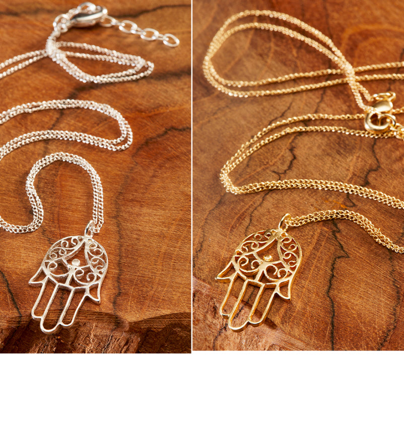 Hamsa ketting (khamsa) – 48 cm met verlengstuk, goud of zilver