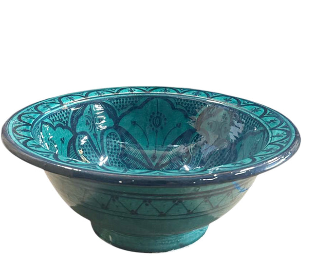 Marokkaanse Waskom 35cm – Handgemaakt Aardewerk – Donkergroen Design – Keramische Wasbak