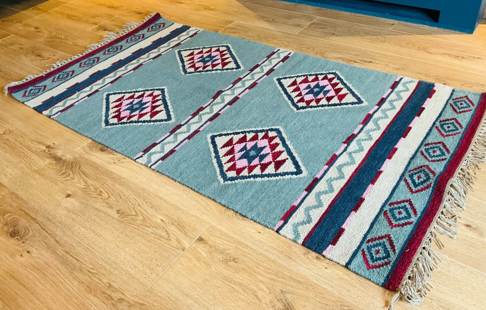 Hand-woven wool and cotton kilim rug in multiple colors, geometric, diamond-shaped, 75 cm x 135 cm
