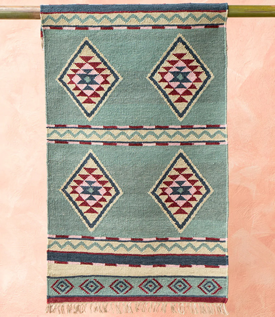 Hand-woven wool and cotton kilim rug in multiple colors, geometric, diamond-shaped, 75 cm x 135 cm
