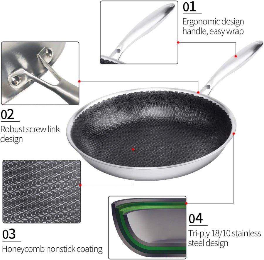 Cainfy stainless steel non-stick frying pan with lid 30 cm - Honeycomb heavy-duty non-stick - Dishwasher and oven safe