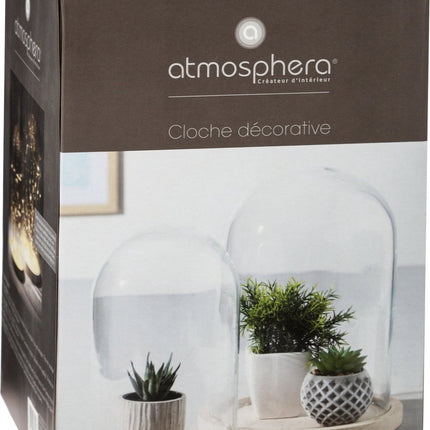 Glazen stolp op houten plateau - glas - D15 x H26 cm