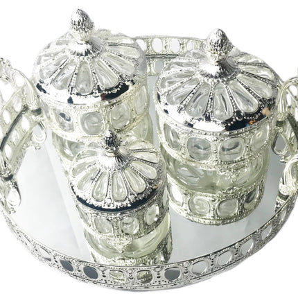 Glazen dienblad  + 3 suikerpot