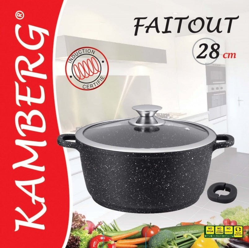 Casserole/Faitout Induction - Ø 28 cm - Aluminium moulé - Revêtement marbre - Couvercle en verre - Sans PFOA