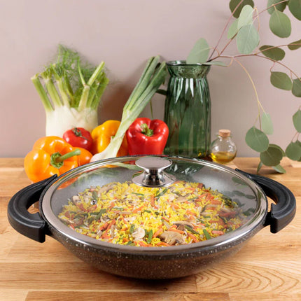 Wokpan Ø 32 cm - Marmeren coating - Glazen deksel - Alle warmtebronnen inclusief inductie