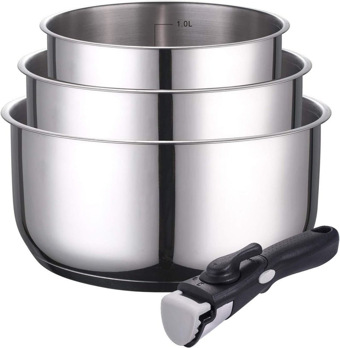 Kamberg - Set of 3 Stainless Steel Saucepans 16/18/20 cm + Removable Handle for All Heat Sources, Including Induction