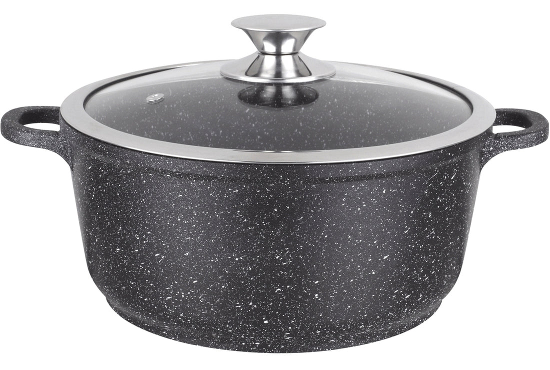 Casserole/Faitout Induction - Ø 28 cm - Aluminium moulé - Revêtement marbre - Couvercle en verre - Sans PFOA