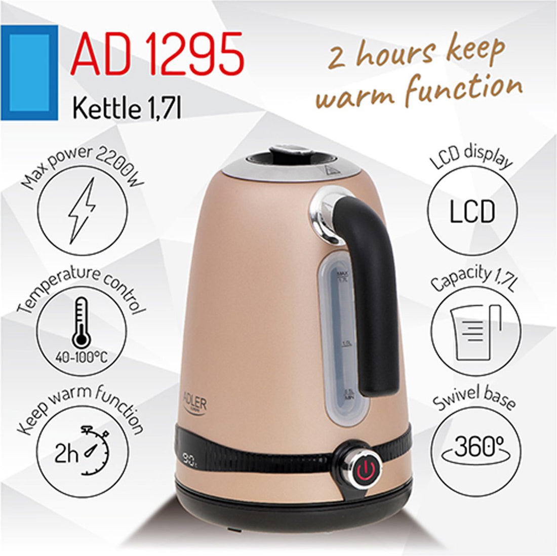 Gold kettle - 1.7L with LCD display and temperature control