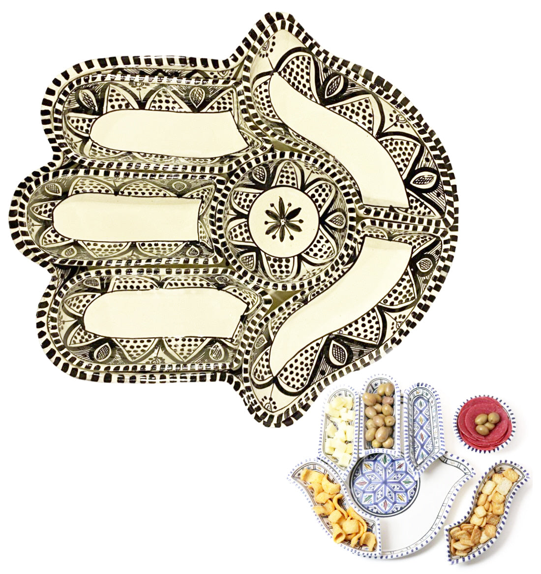 Khamsa hapjesbord met 6 dipschaaltjes – handgemaakt keramiek, 34 x 32 cm