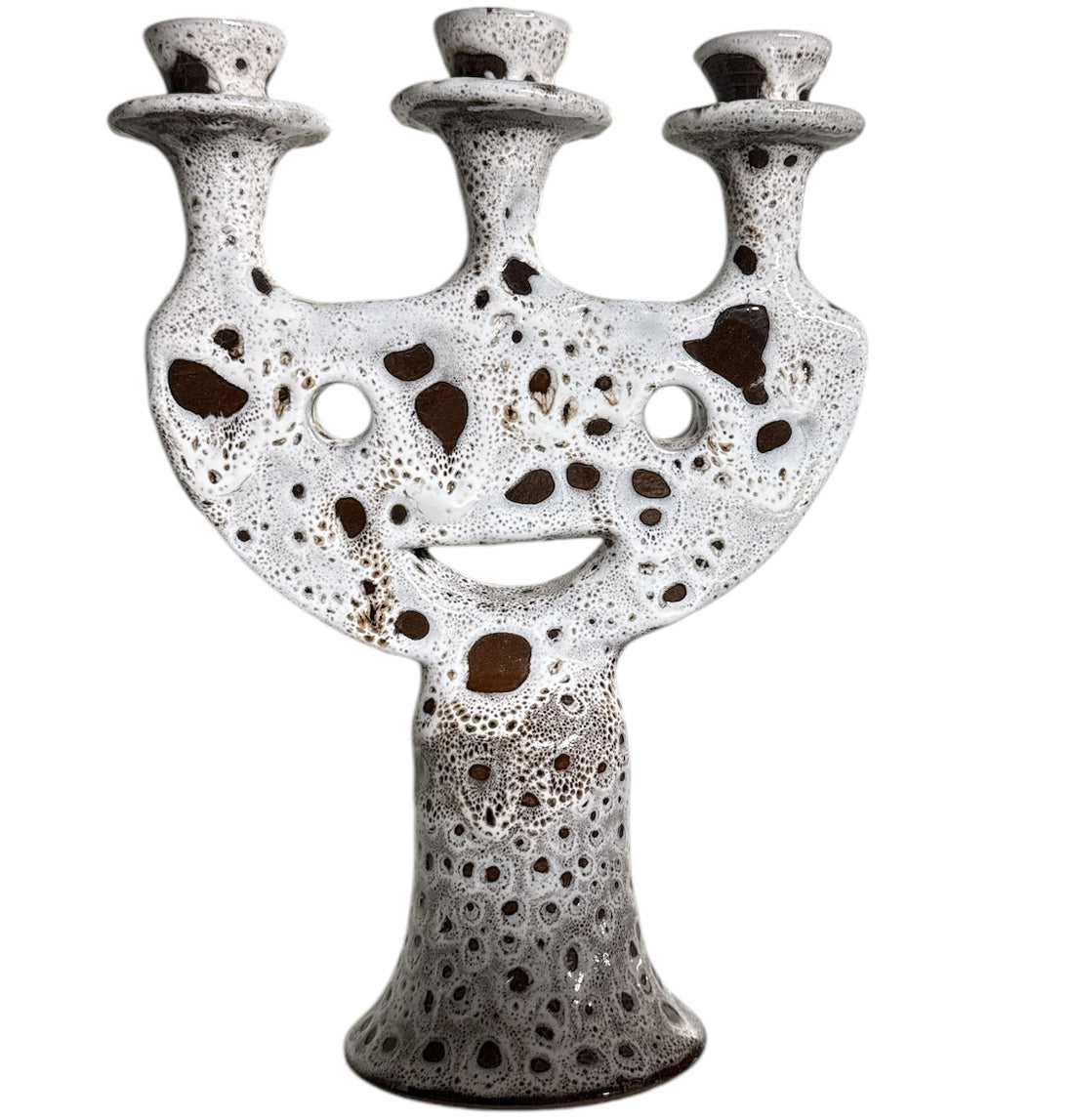 Handmade Moroccan Candle Holder with Face Motif in White-Brown Glaze