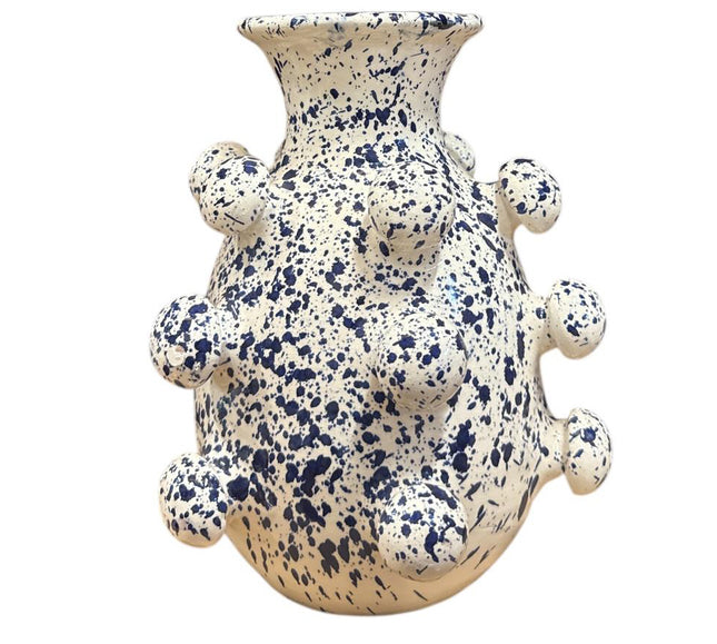 Keramieken bolletjesvaas wit met blauwe spetters – 26 cm
