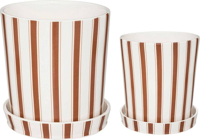 Keramische bloempotten met streepjespatroon en onderzetters Rivi