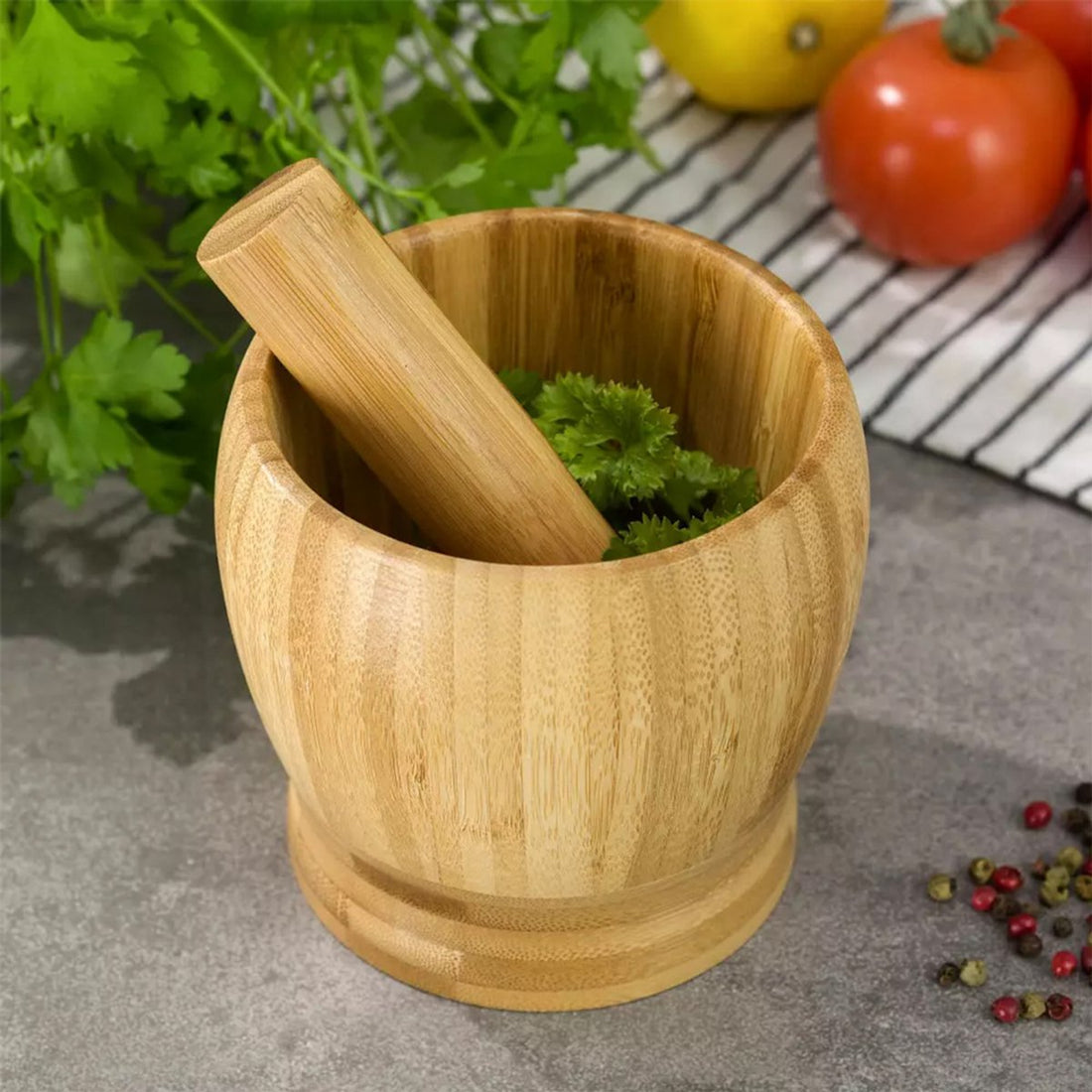 Kinghoff bamboe vijzel met stamper – voor kruiden en pesto, Ø 11,5 cm – foto 2