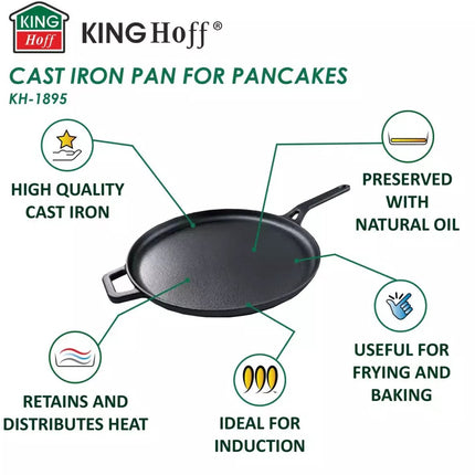 Kinghoff KH1895 Gietijzeren Pannenkoekenpan - Ø29 cm, Ideaal voor Bakken, Braden en Grillen