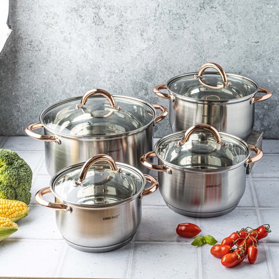 8 delige pannenset - kookpannen - 16-18-20-24 cm - met deksel - golden rose