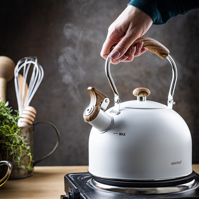 Kinghoff 1860 - Fluitketel met fluit - 2.5 liter - RVS - Wit met houten handgreep