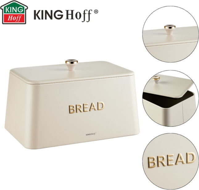 KINGHOFF Broodtrommel - Brooddoos - 35x23x21 cm - Beige met Gouden Details - Metaal & Bamboe - Hygienisch & Eenvoudig Schoonmaken - Broodbak