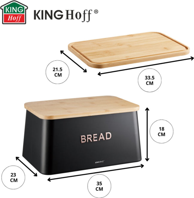 KINGHOFF Broodtrommel 2 in 1 - Zwart - 35x23x18 cm - Met Bamboe Dekblad - Hygienisch & Eenvoudig Schoonmaken - Kan als Snijplank Gebruikt Worden