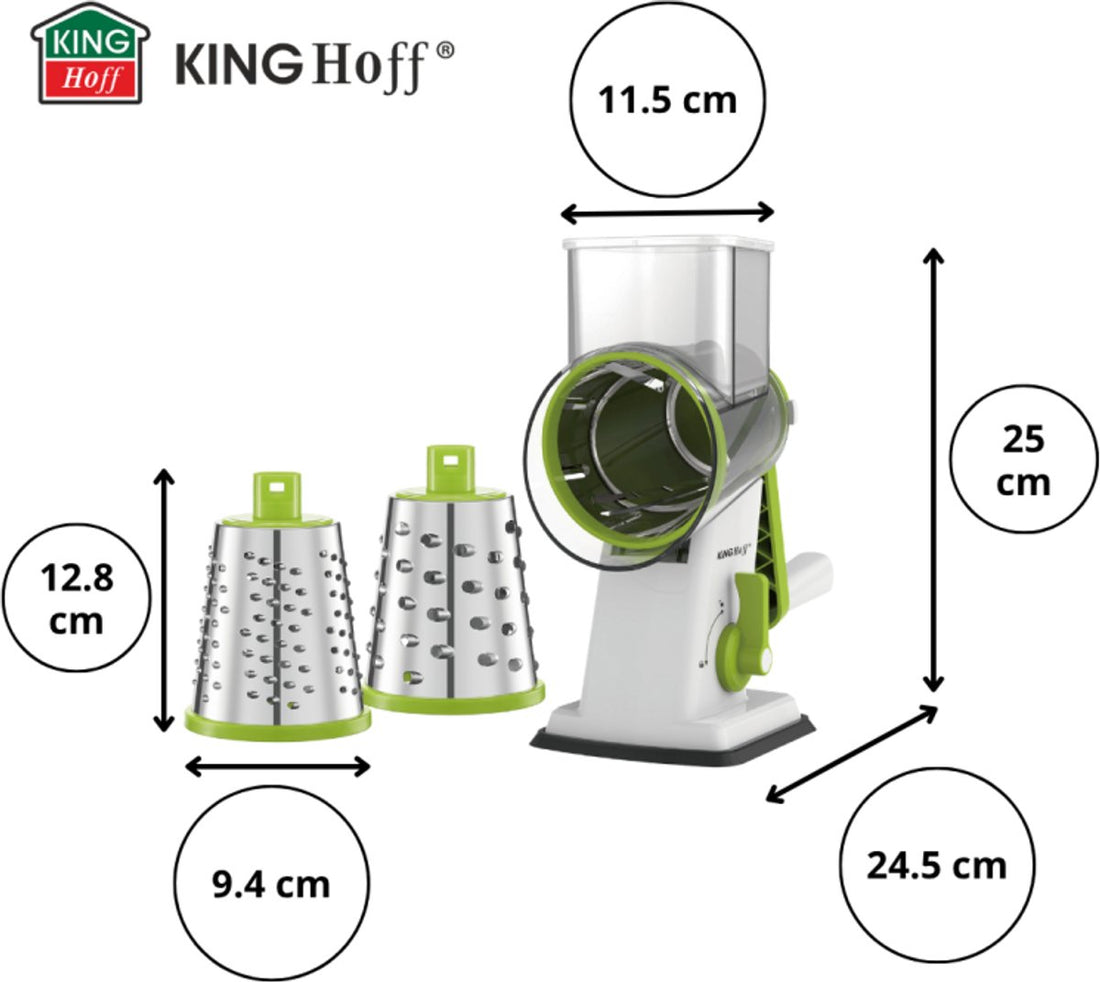 KINGHOFF Râpe Rotative 3-en-1 - Verte - Avec 3 Tambours Interchangeables en Acier Inoxydable - Ventouse - KH-1960 - Râpe Manuelle - Râpe Multifonctionnelle