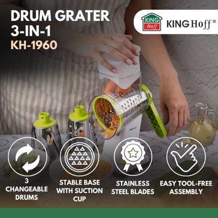 KINGHOFF Draaiende Rasp 3-in-1 - Groen - Met 3 Verwisselbare RVS Drums - Zuignap - KH-1960 - Handrasp - Multifunctionele Rasp