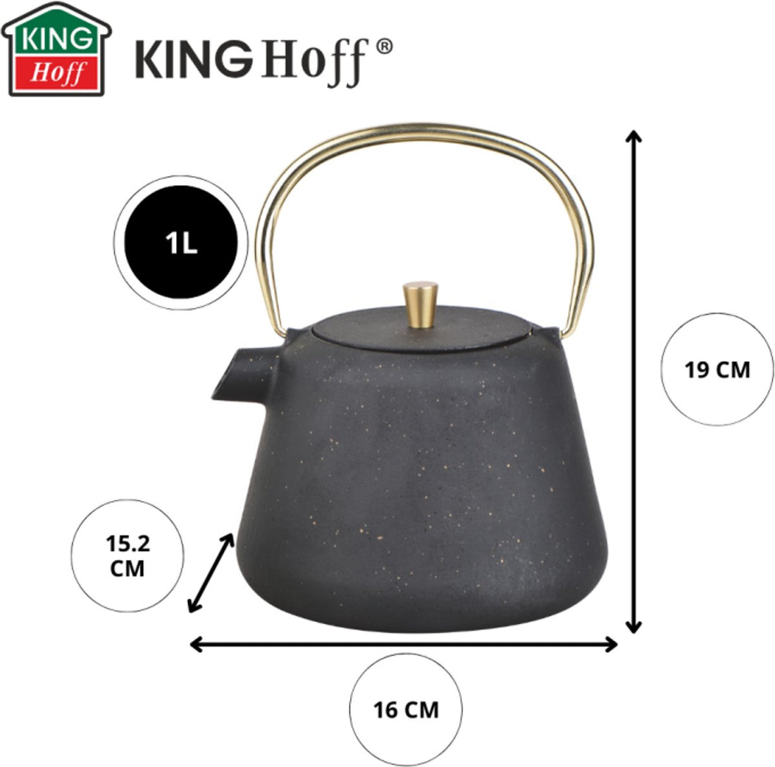 Kinghoff Théière en Fonte avec Infuseur - 1 Litre - Noir avec Accents Dorés - Modèle KH1932