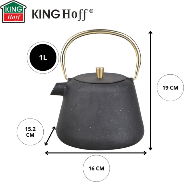 Kinghoff Gietijzeren Theepot met Zeef - 1 Liter - Zwart met Gouden Accenten - Model KH1932