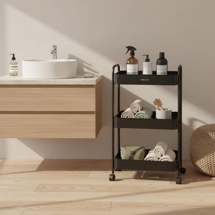 Kinghoff KH-1941 Mobiele 3-delige Stellingkar - Verrijdbare Opbergkar voor Keuken, Badkamer & Kantoor - Zwart - Keukenorganizer - Badkamerorganizer