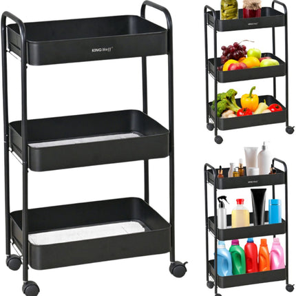 Kinghoff KH-1941 Mobiele 3-delige Stellingkar - Verrijdbare Opbergkar voor Keuken, Badkamer & Kantoor - Zwart - Keukenorganizer - Badkamerorganizer