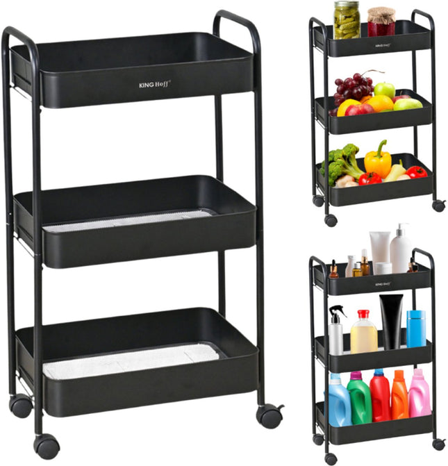 Kinghoff KH-1941 Mobiele 3-delige Stellingkar - Verrijdbare Opbergkar voor Keuken, Badkamer & Kantoor - Zwart - Keukenorganizer - Badkamerorganizer