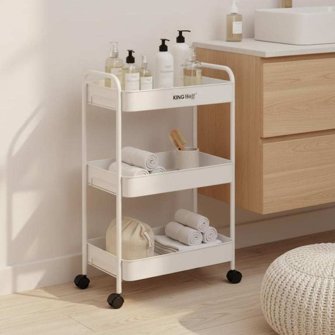Kinghoff KH-1942 Chariot de rangement mobile à 3 niveaux - Desserte à roulettes - Blanc - Organisateur de salle de bain - Organisateur de cuisine
