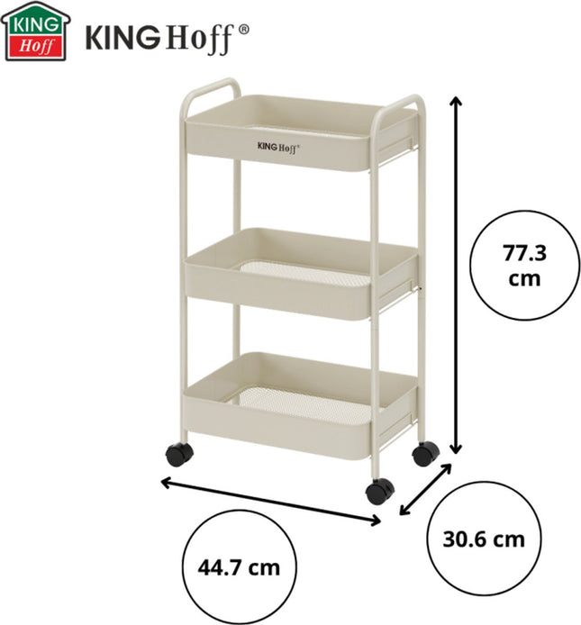Kinghoff KH-1943 Mobiele 3-delige Stellingkar - Verrijdbare Opbergkar in Beige - Voor Keuken & Badkamer - Organizer op wieltjes - Bijzet meubel -