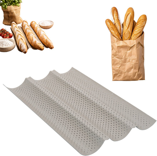 KINGHoff KH-1970 Perforeerde Baguettevorm - Bakblik met 3 Gleuven - Voor Knapperige Stokbroden - 38 x 24,5 cm - Stokbroodvorm - Ovenrek