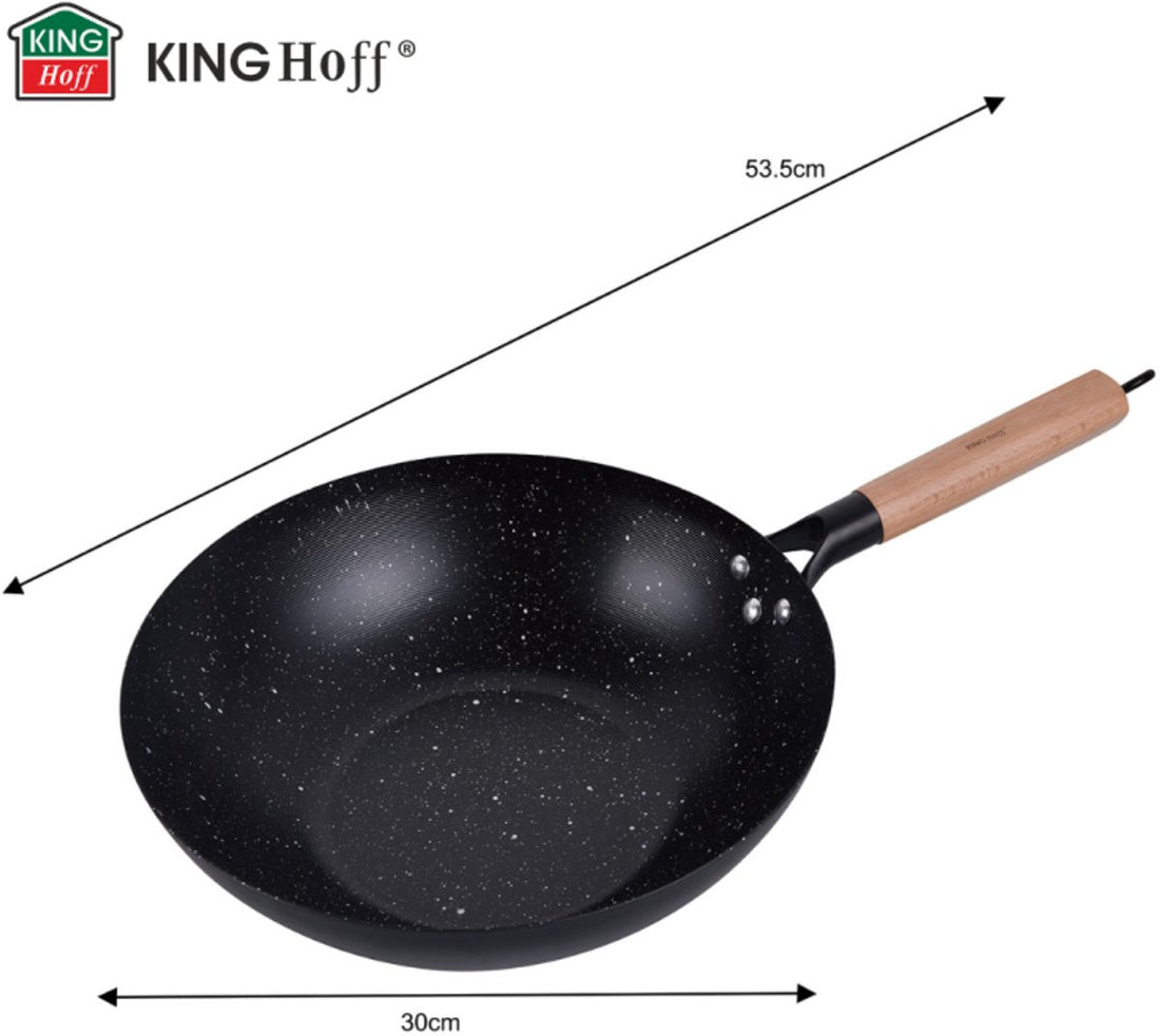 KINGHoff KH1983 Wokpfanne 30 cm – Pfanne zum Wokken und Braten – Geeignet für alle Herdarten inklusive Induktion – Holzgriff – Antihaftbeschichtung – Wokpfanne – Bratpfanne