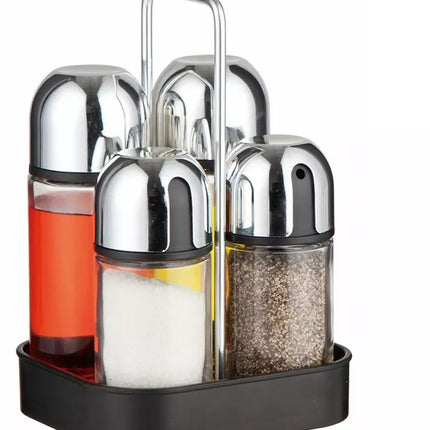 Kruidenstel - 5 Delig, Glas en RVS - Met Drip-Free Dispensers en Stijlvol Plateau - Zout/Peperset - Kruidenrek