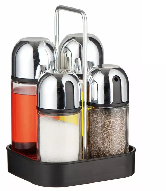 Kruidenstel - 5 Delig, Glas en RVS - Met Drip-Free Dispensers en Stijlvol Plateau - Zout/Peperset - Kruidenrek