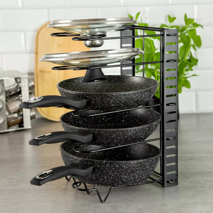Pannenorganizer - 5 Verdelingen - Zwart - 25,5 x 20,5 x 38 cm - Opbergrek voor Pannen, Potten en Deksels