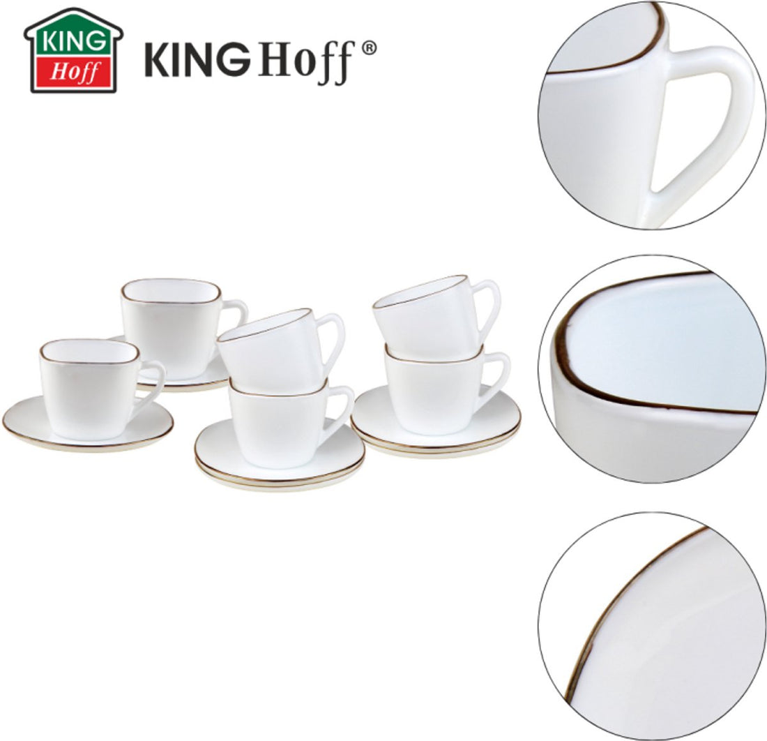 KingHoff Service à Café 12 pièces Carré - Tasses à Café en Verre Opale Blanc avec Bord Doré - 220 ml - Design Moderne - Service à Café et Sous-tasses