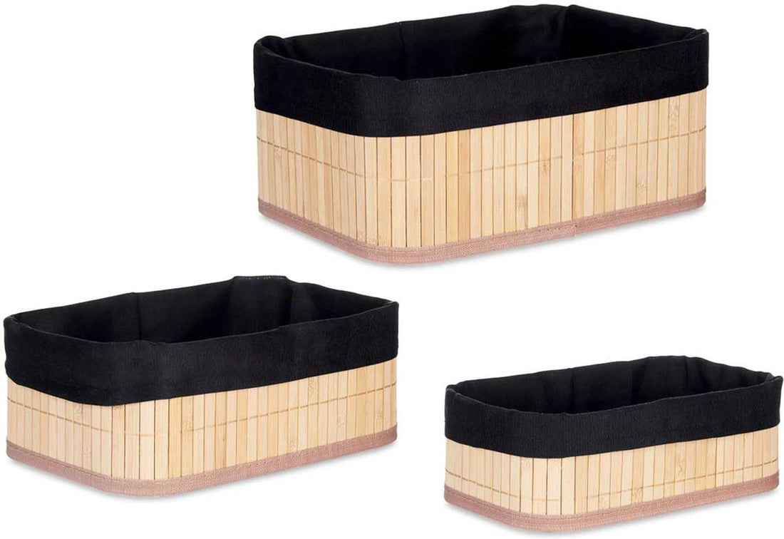 Kipit Panier de rangement salle de bain/WC - bambou/tissu noir - lot de 3 pièces - différentes tailles