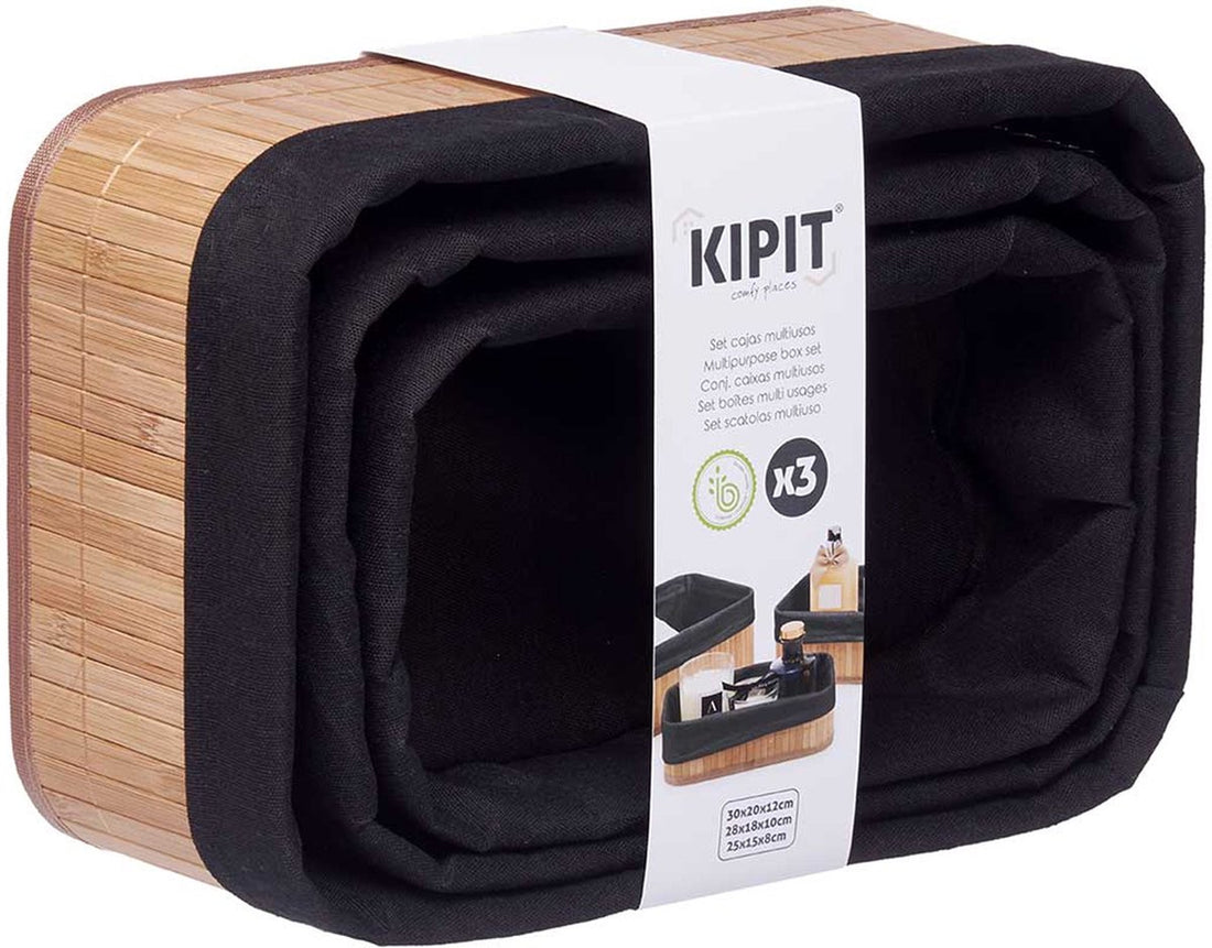 Kipit Panier de rangement salle de bain/WC - bambou/tissu noir - lot de 3 pièces - différentes tailles